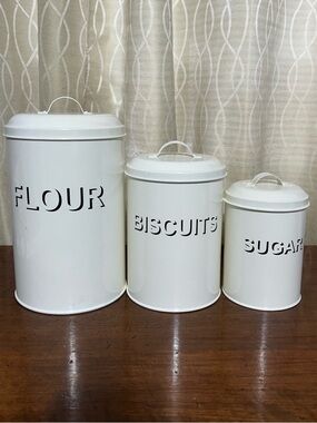 Cream with Black Lettering Kitchen Canister Set - Flour, Biscuits, Sugar